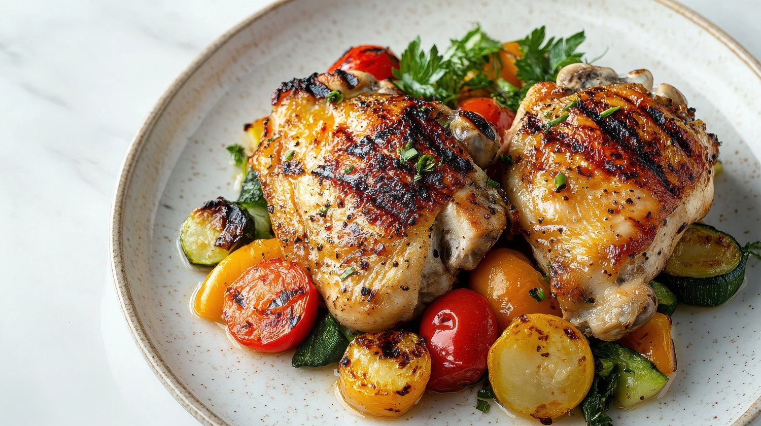 Preparación de pollo lista para servir, emplatada con verduras